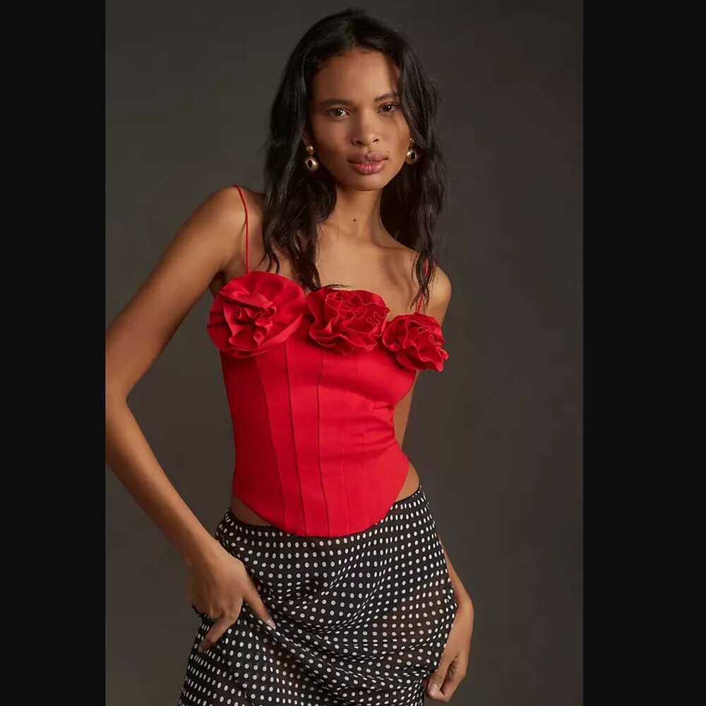 NWT Anthropologie Sunday Brooklyn Floral Corset Top in Red Roses Size Small